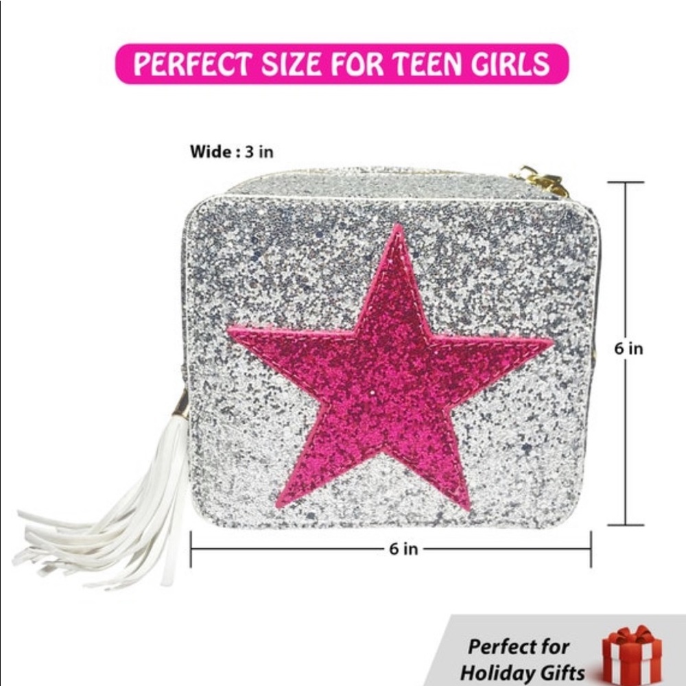 NEW PREPPY SILVER GLITTER PINK STAR CROSSBODY HANDBAG GOOSE TEEN GOLDEN - Picture 5 of 7